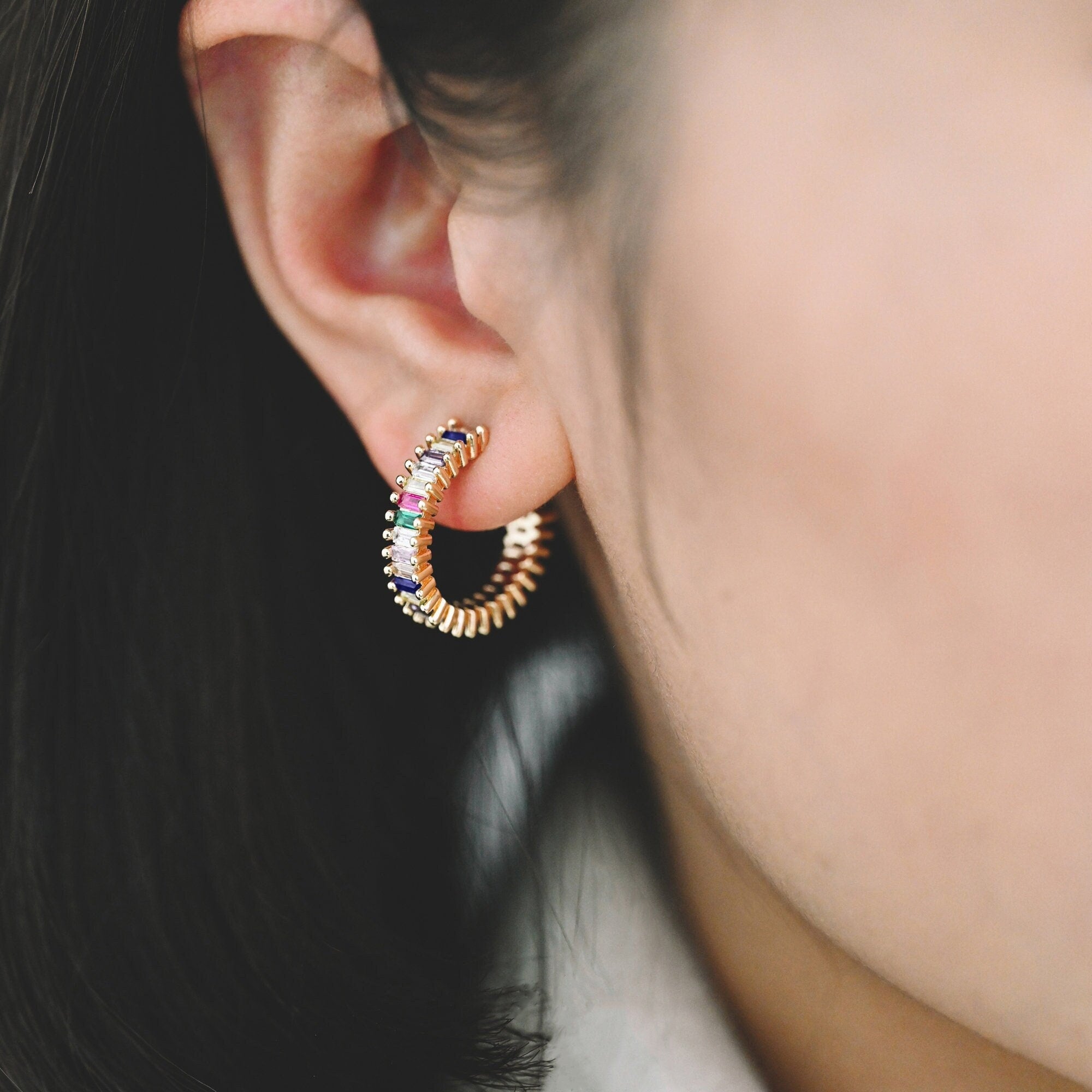 4pcs Gold Colourful CZ Pave Earring Studs, 20mm, 18K Gold Plated Brass Ear Posts (GB-1382)